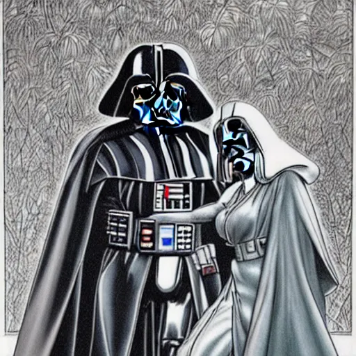 Image similar to a romance novel cover from 1 9 8 3, paperback, drawing, darth vader and yoda on the cover, romantic