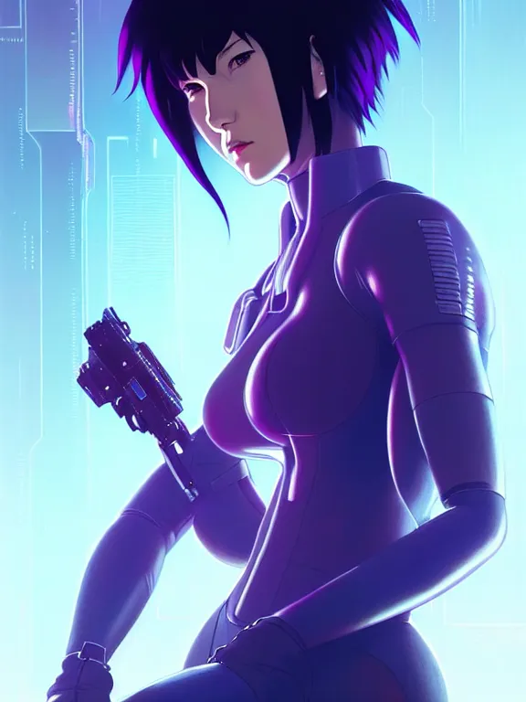 Image similar to a fullbody portrait of motoko kusanagi ghost in the shell, finely detailed features : : gits sac twenty forty five netflix : : by ilya kuvshinov, rossdraws, artgerm, sola digital arts, production ig, anti aliasing, raytracing : :