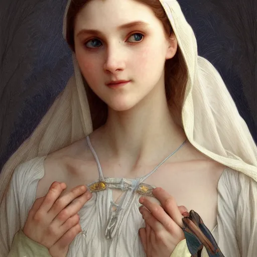 Image similar to Portrait of beautiful pale peasant girl, cinematic lighting, intricate, elegant, highly detailed, digital painting, artstation, smooth, sharp focus, illustration, art by artgerm and greg rutkowski and alphonse mucha and Wayne Barlowe and william-adolphe bouguereau