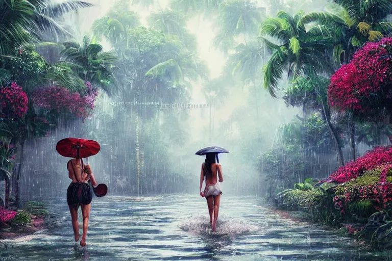 Image similar to ultra realistic illustration, photo, monsoon on tropical island, attractive oriental woman, back, ornate, beautiful, atmosphere, vibe, mist, coconuts, rain, wet, pristine, puddles, melting, dripping, creek, bridge, forest, roses, flowers, by stanley artgerm lau, thomas kindkade, art gta 5 cover