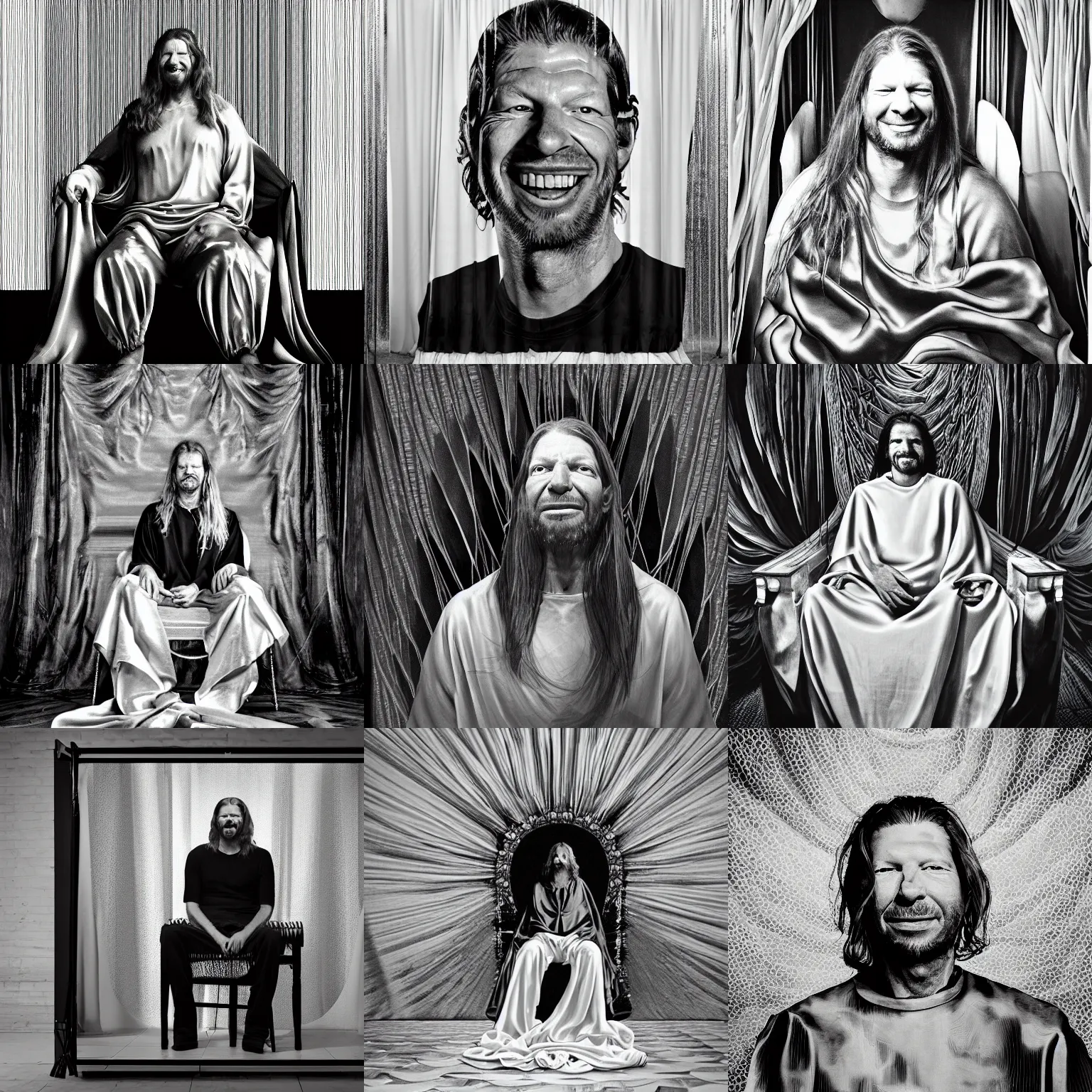 Prompt: Aphex Twin sitting on throne wrapped in silk, background made of large folding curtains, dark, hyper detailed, hyper realistic, 8K phot realistic, black and white color, dimly lit, dark,