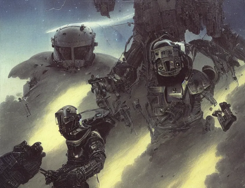 Image similar to a detailed portrait painting of a bounty hunter in combat armour and visor standing inside his ship. cinematic sci-fi poster. Flight suit and wires, accurate anatomy. Samurai influence, fencing armour. portrait symmetrical and science fiction theme with lightning, aurora lighting. clouds and stars. Futurism by beksinski carl spitzweg moebius and tuomas korpi. baroque elements. baroque element. intricate artwork by caravaggio. Oil painting. Trending on artstation. 8k