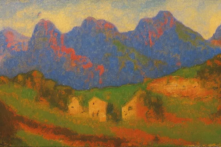 Prompt: Italian mountain scene painted in the style of money and Redon