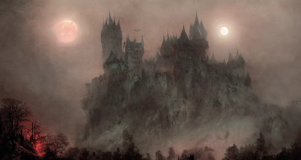 Image similar to dracula's castle rising up from the mist at night silhouetted by a single huge bloodmoon, anders zorn, stephen hickman, thomas kincade, brutalist, James Paick, Julian Falat, ultra realistic, trending on artstation, lava, dungeons and dragons, warm saturated colors, spooky, haunted