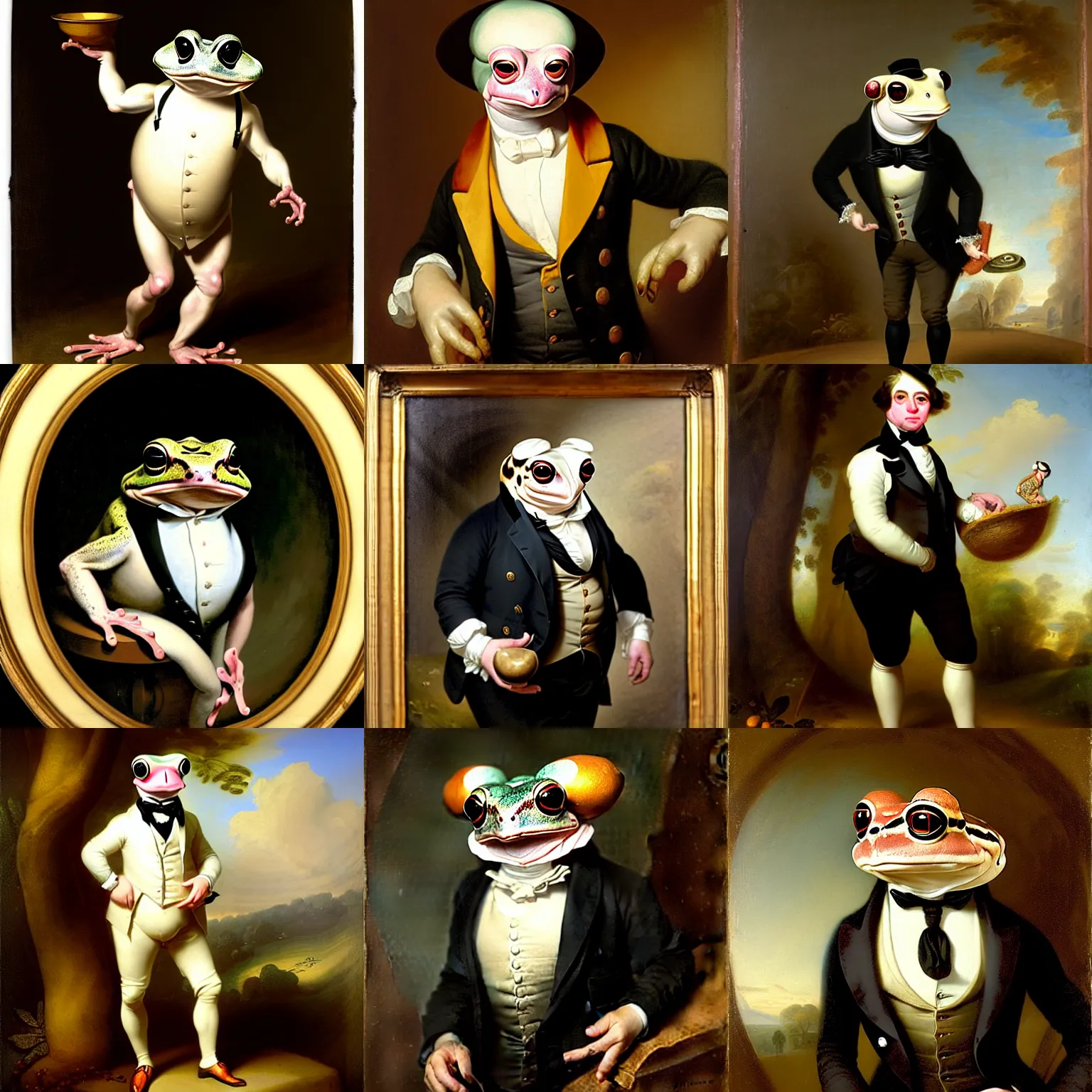 Prompt: an anthropomorphic amazon milk frog wearing a black buttoned waistcoat, an american romanticism painting by john trumbull, cgsociety, soft focus