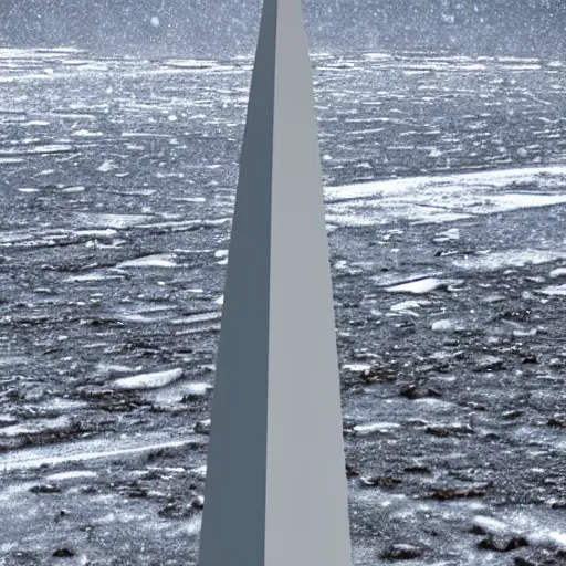 Image similar to a large obelisk on a flat plain of ice. grainy, overcast sky, snowing.