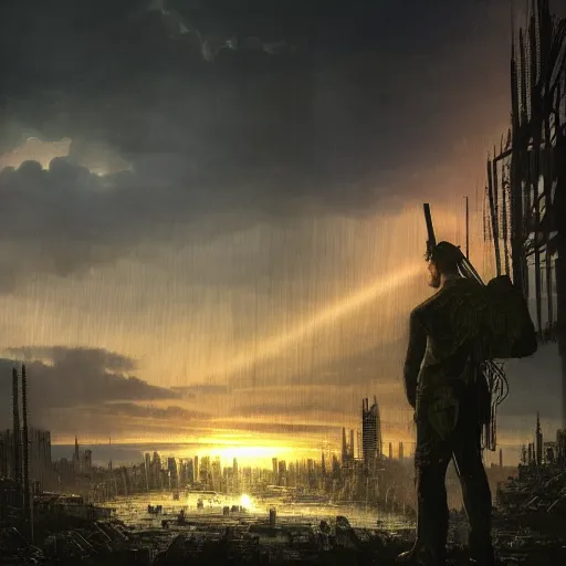 Prompt: wanderer with night vision goggles, dramatic light, sunset, sunrays, cyberpunk city in the background, ruins, buildings, dystoptian, gorgeous view, depth, painted by Caspar David Friedrich, gateway, clouds, tending on artstation