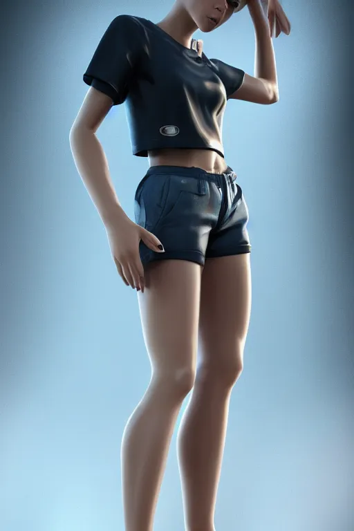 Prompt: Epic ultra realistic portrait of a very beautiful female wearing an Abstract tech shirt and hotpants, subsurface scattering realistic eyes, symmetric body features proportions, ultra intricate details, volumetric clouds, focus, award winning, unreal render