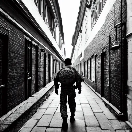 Image similar to soldier walking through london alley, gloomy mood, early dawn, sharp picture, cinematic, hyper realistic, symmetrical, 4 k, highly ornate intricate details,