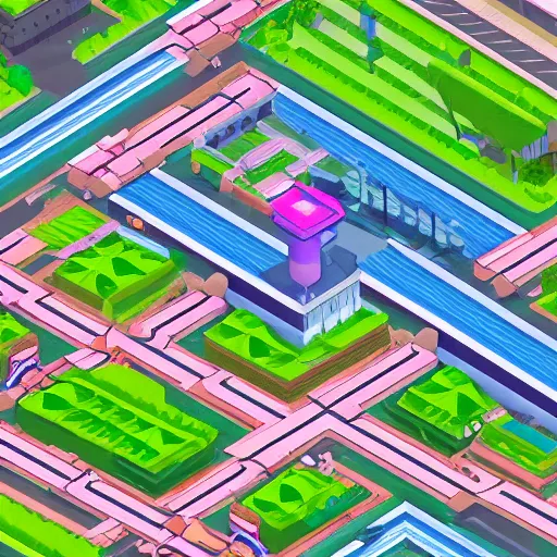 Image similar to front on isometric bismuth city streets, front on isometric video game