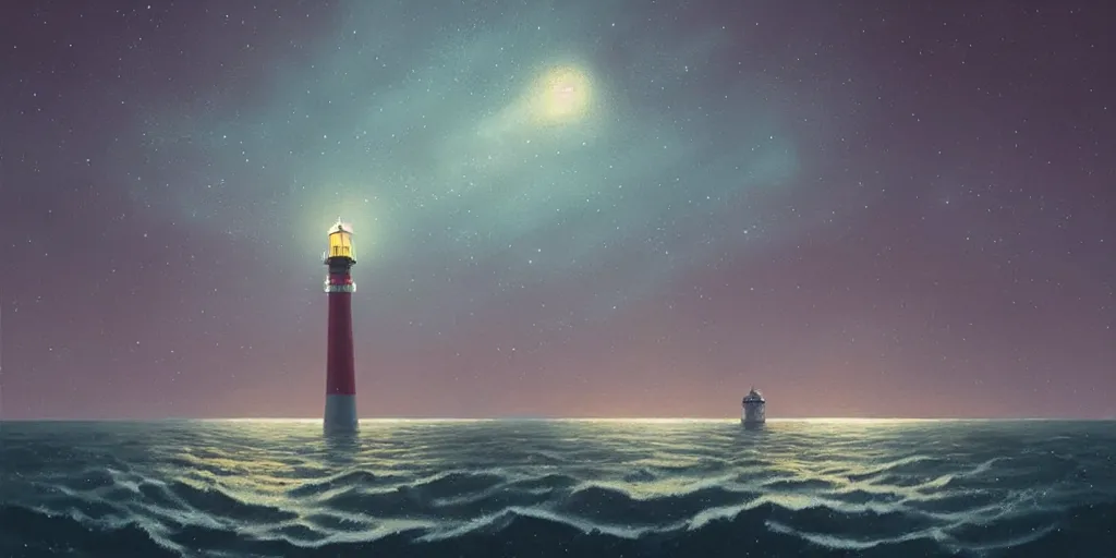 Prompt: milky way over the ocean by a lighthouse by simon stalenhag, dusk, art station trending