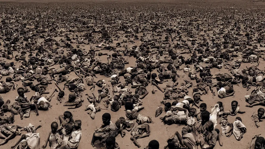 Prompt: 1 9 8 4 famine and drought in ethiopia, cover of new york times, wide - angle, dark, moody, 8 k