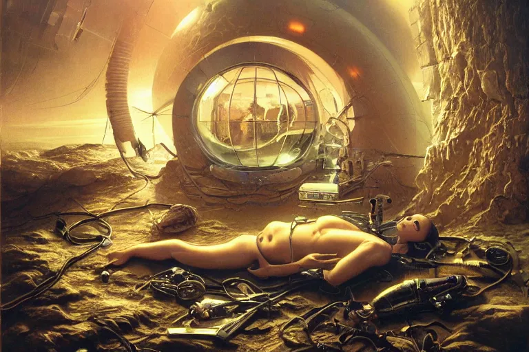 Image similar to the birth of the cyborg sleeping chambre / artificial womb by goerge hull, steve burg & jim martin. hedonic imperative expressed as a pan - species techno - utopia imagined by jim burns and james gurney. masterpiece scifi artwork, retro, trending on artstation, 8 k