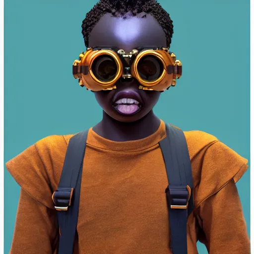 Image similar to colourful vfx upper half - portrait - art of a nigerian boy wearing steam punk goggles, art by stanley artgem lau & tenmyouya hisashi, digital render, digital illustration, concept art, caricature, volumetric light, ray tracing, symmetrical, unreal engine, octane 3 d render, sharp, detailed, intricate detail, pinterest, behance, art station,