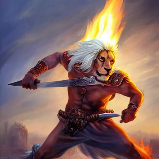 Prompt: Lionman with white hair walking away from a burning city, full body art, wielding a longsword with blue gemstones lining the blade, Painted By Anne Stokes, Dim Lighting