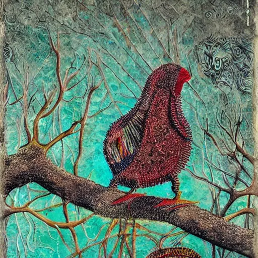 Image similar to by tibor nagy harrowing, haunting lovecraftian. a beautiful installation art of a bird in its natural habitat. the bird is shown in great detail, with its colorful plumage & intricate patterns. the background is a simple but detailed landscape, with trees, bushes, & a river.