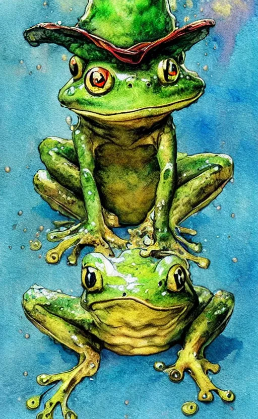 Image similar to detailed frog with a wizard hat by Jean-Baptiste Monge and frank frazetta , post processing, painterly, book illustration watercolor granular splatter dripping paper texture, ink outlines, painterly, trending on artstation, trending on pinterest childrens art