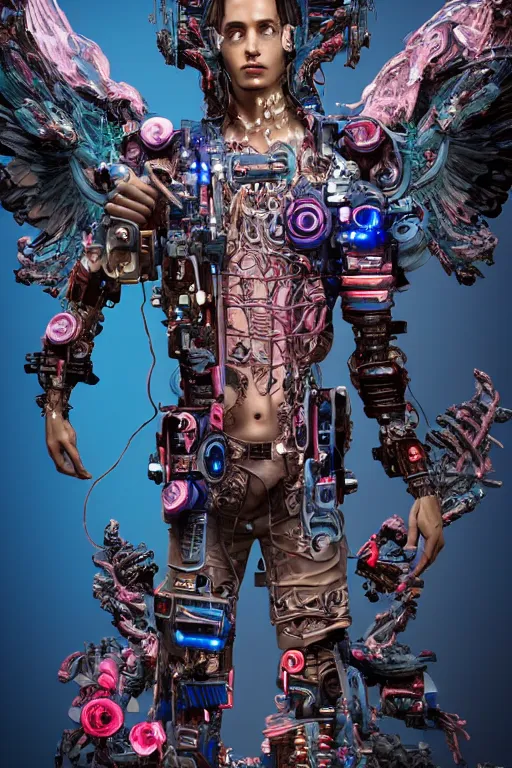 Image similar to full-body cyberpunk style sculpture of a young handsome Colombian prince half android with a chest opening exposing circuitry and electric sparks, glowing pink eyes, crown of blue flowers, flowing salmon-colored silk, fabric, raptors. baroque elements. full-length view. baroque element. intricate artwork by caravaggio. many many birds birds on background. Trending on artstation, octane render, cinematic lighting from the right, hyper realism, octane render, 8k, depth of field, 3D