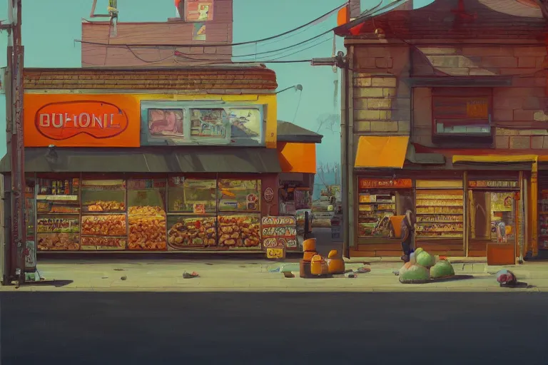 Image similar to a painting of a store with a lot of food, a photorealistic painting by Simon Stålenhag, featured on cgsociety, photorealism, 2d game art, hyper-realistic, hyper realism