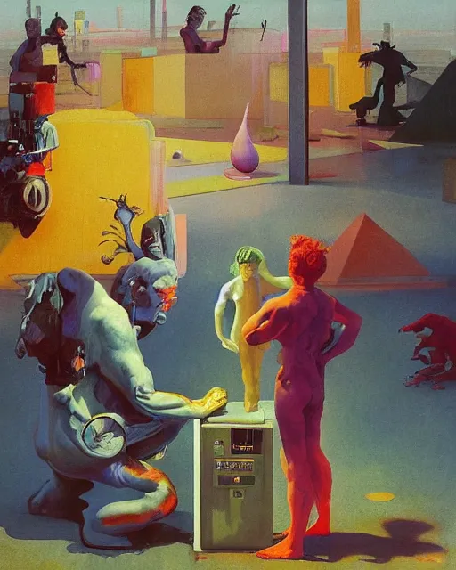 Image similar to strange creature conversing with cube shaped people at a gas station with large oxygen tank in the style of Francis Bacon and Syd Mead and Norman Rockwell and Beksinski, open ceiling, highly detailed, painted by Francis Bacon and Edward Hopper, painted by James Gilleard, surrealism, airbrush, very coherent, triadic color scheme, art by Takato Yamamoto and James Jean