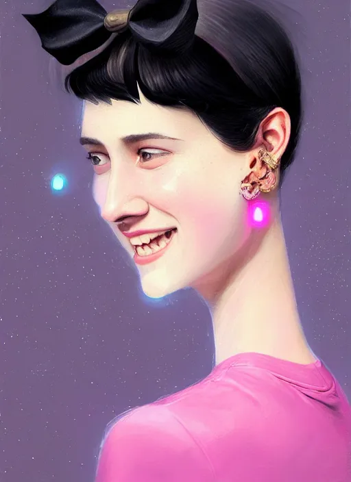 Image similar to portrait of high school girl, realistic, black hair, bangs, half updo hairstyle, pointy nose, skinny, smile, ugly, defined jawline, big chin, pink hair bow, earrings, intricate, elegant, glowing lights, highly detailed, digital painting, artstation, sharp focus, illustration, art by wlop, mars ravelo and greg rutkowski