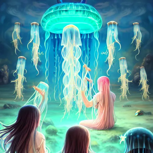 Image similar to A painting of priestesses worshipping at the jellyfish temple, shrouded in mist, jellyfish god, jellyfish priestess, jellyfish shrine maiden, 8K, illustration, art by WLOP and rossdraws and Logan Cure and Mingchen Shen and BangkuART and sakimichan and yan gisuka and JeonSeok Lee and zeronis and Chengwei Pan, smoke, undersea temple with fish, cinematic, insanely detailed and intricate, hypermaximalist, elegant, super detailed, award-winning, fuschia and vermillion and cyan, rainbow accents, mysterious, ancient, ritual, trending in cgsociety, artstation HQ, ornate, elite, haunting, matte painting, beautiful detailed, insanely intricate details, dreamy and ethereal, otherworldly