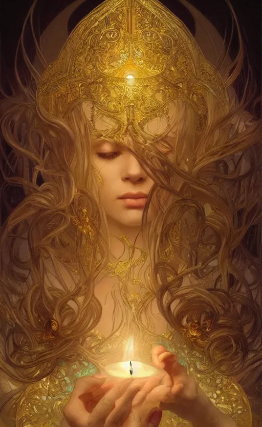 Image similar to masterpiece of beautiful hands close to a candle in dark room, cinematic, powerful, moon beams dramatic light, highly, intricate gold elements, hollow souls, detailed, digital painting, artstation, concept art, sharp focus, illustration, art by artgerm and greg rutkowski and alphonse mucha