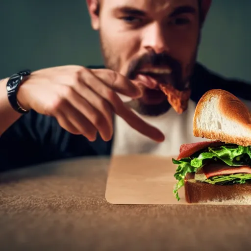 Image similar to A man eating a sandwich, close-up imagery, photorealistic, fisheye lens, trending on artstation, 4k, 8k