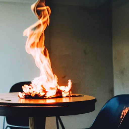 Image similar to a photograph of a room on fire, only remains a wooden table and a chair, an human-like relaxed dog sitting at this table, ☕ on the table, surrounded by flames, a lot of flames behind the dog, smoke under the ceiling