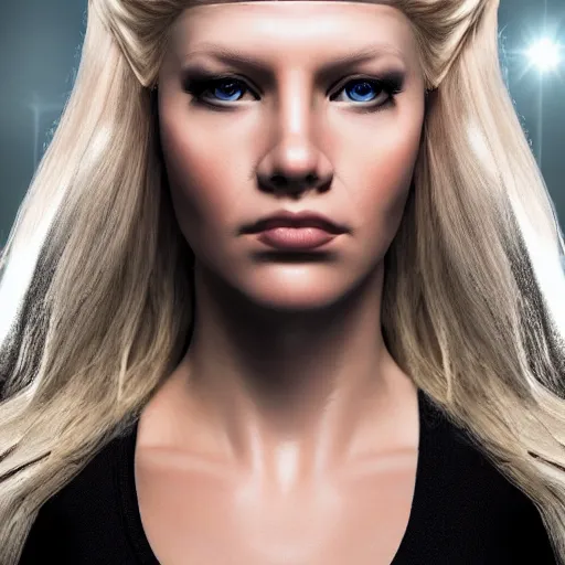 Prompt: wide angle shot of a very pretty blond borg queen on a borg ship, cybernetic implants, perfect face, symmetrical face, moody lighting, shallow depth of field, 8 k, ultra realistic,