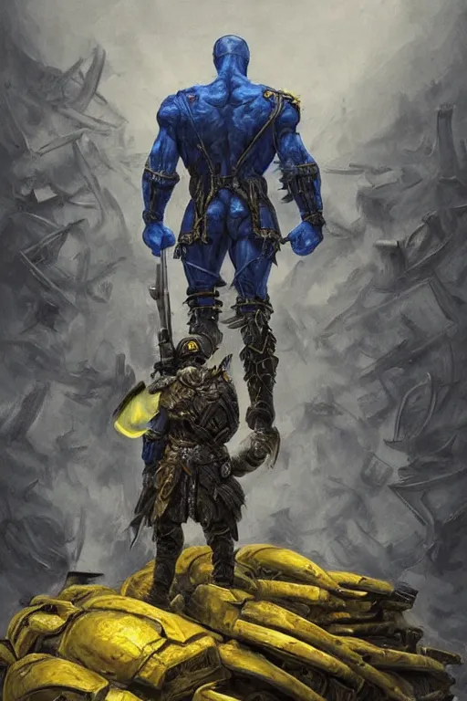 Image similar to a distant shot from behind of a Ukrainian super soldier with blue and yellow flag behind him standing alone on a huge pile of skulls as a winner, masculine muscular figure, D&D, fantasy, intricate, elegant, highly detailed, extremely detailed, digital painting, artstation, concept art, matte, sharp focus, symmetrical, illustration, art by Artgerm and Greg Rutkowski and Alphonse Mucha