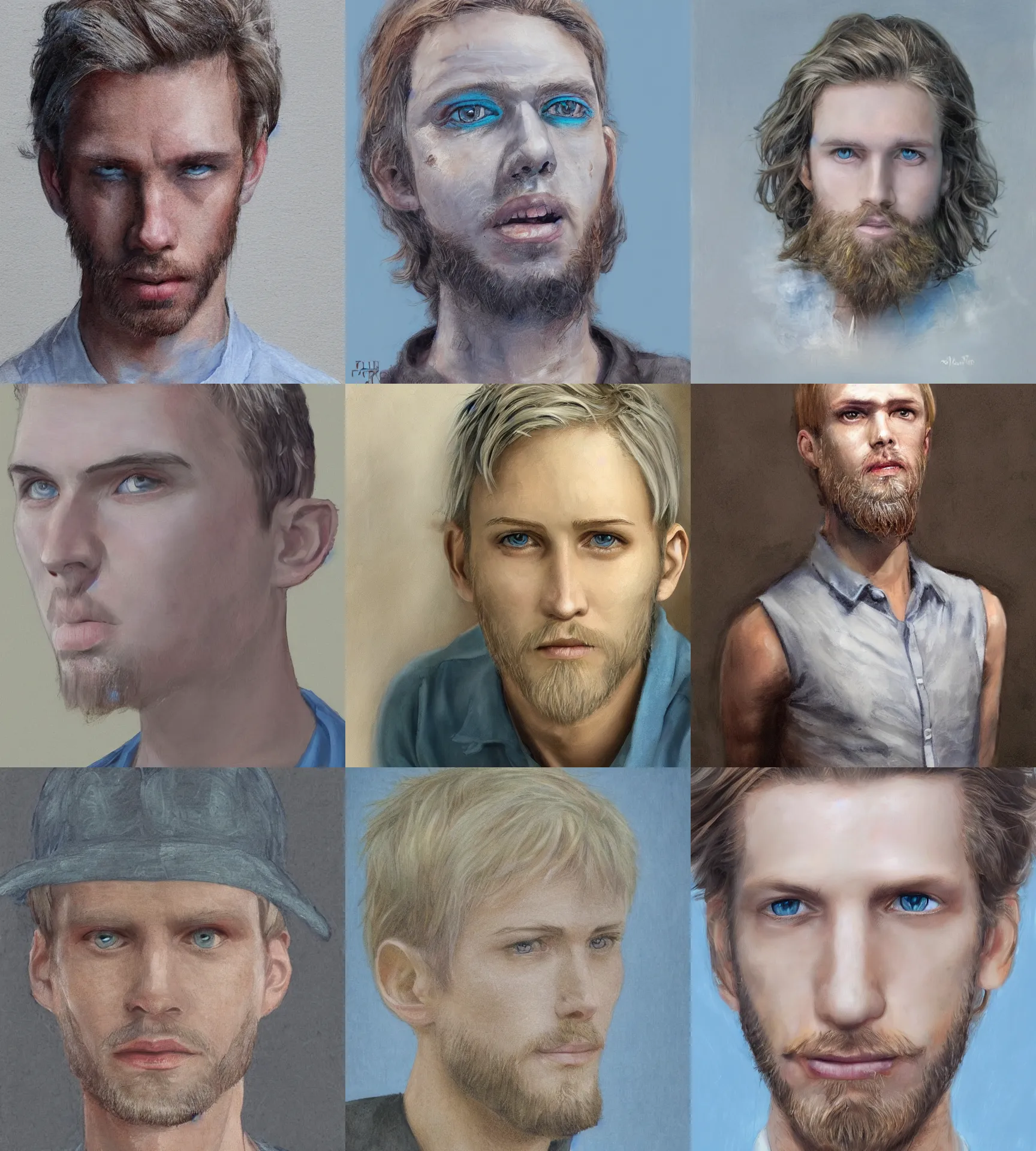 Prompt: digital pastel portrait of a skinny white male, slightly longer blond hair and a light stubble beard, wearing a light blue shirt, blue eyes, rugged, teenage, fantasy, wizard, trending artstation, dungeons & dragons, neutral expression, wooden background, award winning dark lighting, realistic, oil painting