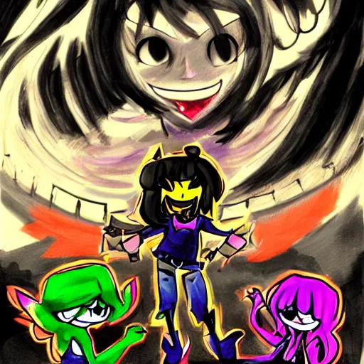 Prompt: Deltarune Kris vs Susie fight fanart, trending on deviantart