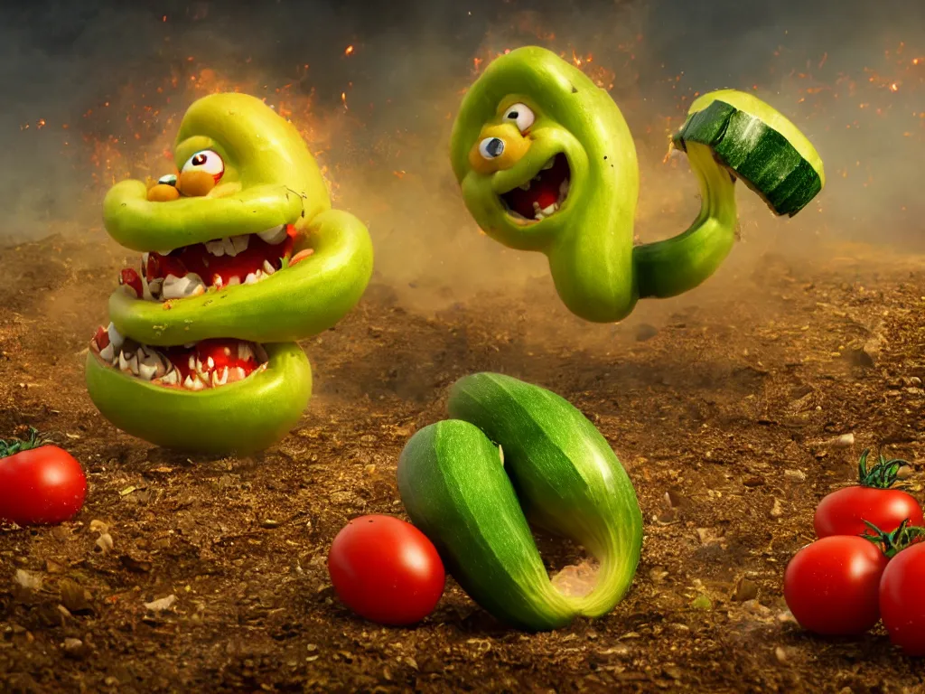 Prompt: highly detailed 3 d render of a raging zucchini character, burning scissors, running down a dirt road, scared tomates scattered everywhere, high speed action, explosions, dramatic scene, hyper realistic octane render, cinematic lighting, tomato splatter, deviantart, black sky, lowbrow, surrealism, frame from pixar movie
