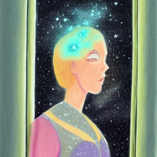 Image similar to a pastel painting of a brooding galactic queen staring at the galaxy outside her giant window