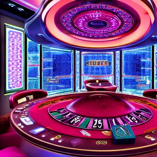 Image similar to futuristic casino, crisp, artistic, artstation, luxury, las vegas, beautiful, large, poker table