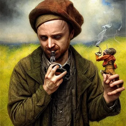 Prompt: Jesse Pinkman as a Hobbit smoking a pipe by Esao Andrews and Karol Bak and Zdzislaw Beksinski
