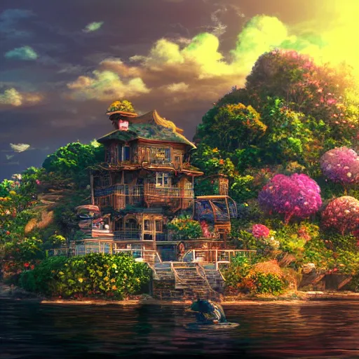 Image similar to the aesthetic view of the beautiful, grand, wistful, dreamy lonely island at dusk, hyperrealistic anime illustration by iralki nadar, colorful, extremely detailed, intricate linework, super sharp focus, bright colors, octopath traveler, studio ghibli, unreal engine 5 highly rendered, global illumination, radiant light, detailed and intricate environment