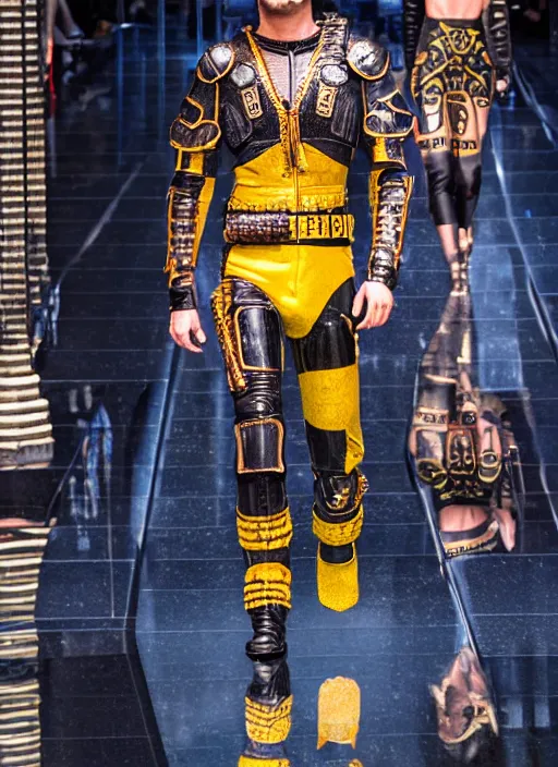 Image similar to hyperrealistic and heavy detailed versace runway show of judge dredd, leica sl 2 5 0 mm, vivid color, high quality, high textured, real life