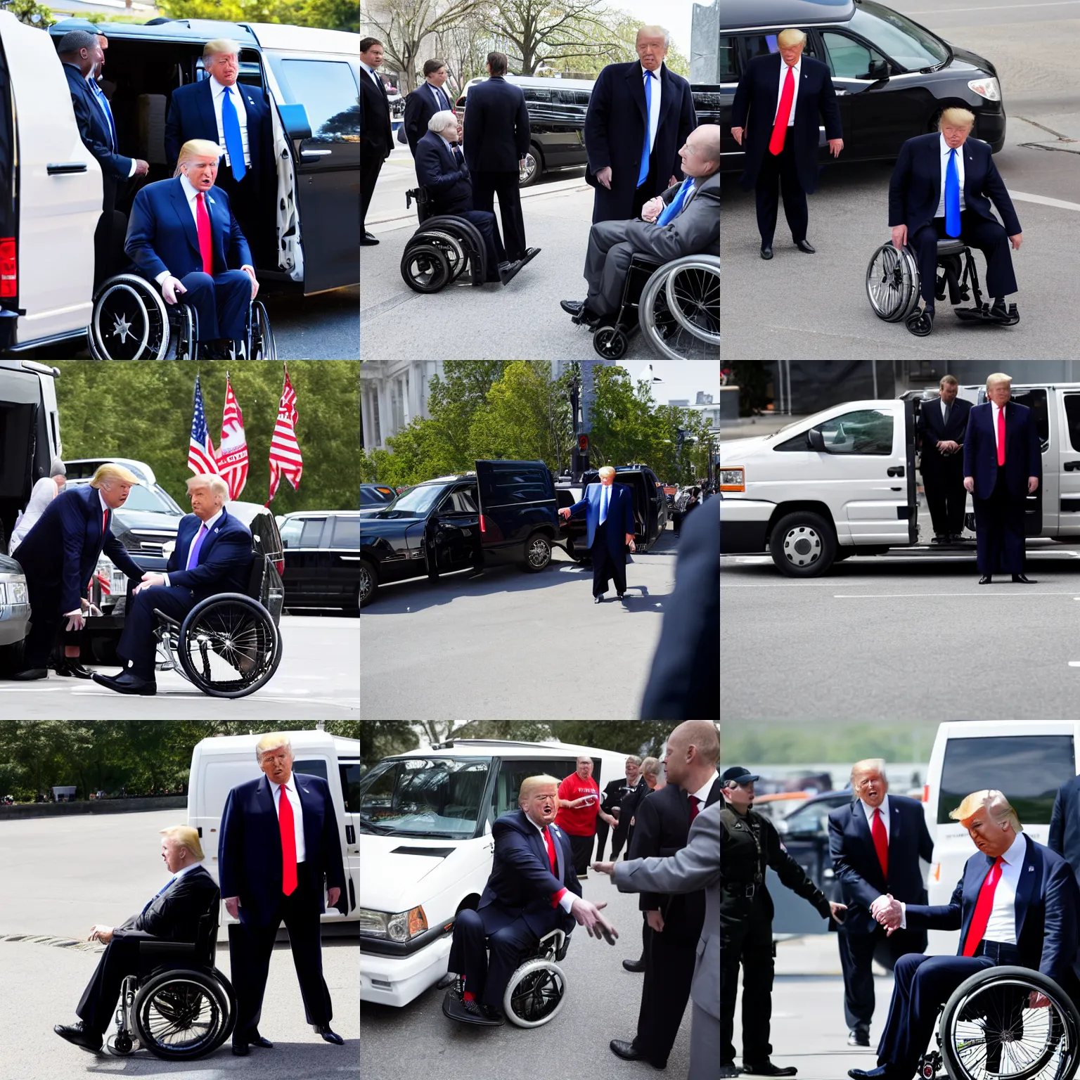 Prompt: donald trump in a wheelchair, next to van surrounded by secret service agents, photograph, candid, high resolution, high quality