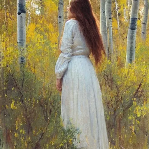 Image similar to “ woman with long hair, summer dress, standing between aspen trees in an aspen forest, style of jeremy lipking, joseph todorovitch ”