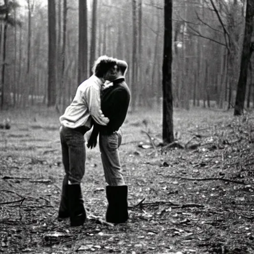 Image similar to cowboys kissing on the woods, 8 0 s, film photograph