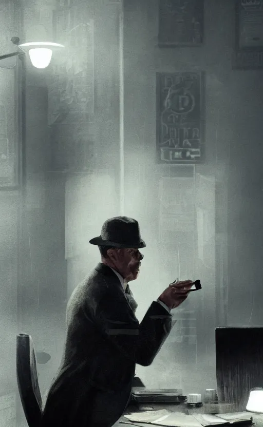 Image similar to private detective in film noir movie scene, office, smoking tobacco, dark, greg rutkowski, 8 k, shallow depth of field, intricate detail, concept art,