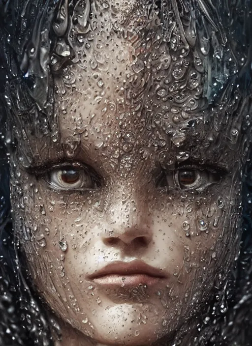 Image similar to sculpture made of water, portrait, female, future, shaman, harper's bazaar, vogue, magazine, insanely detailed and intricate, concept art, close up, wet, ornate, luxury, elite, elegant, trending on artstation, by ruan jia, by Kenneth Willardt, by ross tran, by WLOP, by Andrei Riabovitchev,