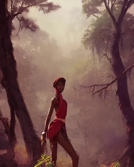 Image similar to an African tribeswoman standing in the woods. By Makoto Shinkai, Stanley Artgerm Lau, WLOP, Rossdraws, James Jean, Andrei Riabovitchev, Marc Simonetti, krenz cushart, Sakimichan, D&D trending on ArtStation, digital art.