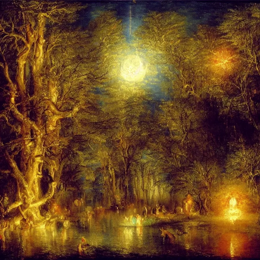 Image similar to a night carnival around a magical tree cavity, with a surreal orange moonlight and fireworks in the background, next to a lake with iridiscent water, christmas lights, folklore animals and people disguised as fantastic creatures in a magical forest by summer night, masterpiece painted by turner, scene by night, dark night environment, refraction lights, glares