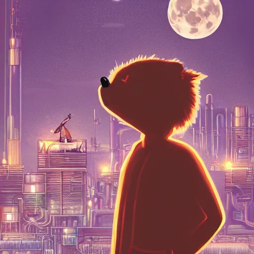 Image similar to a professional portrait, of an anthropomorphic brown hedgehog sitting outside of a cyberpunk academy, factories and power plants in the background, big moon in background, green smoggy sky, cinematic lighting, metal towers and sewers, holograms, artstation, omni magazine,