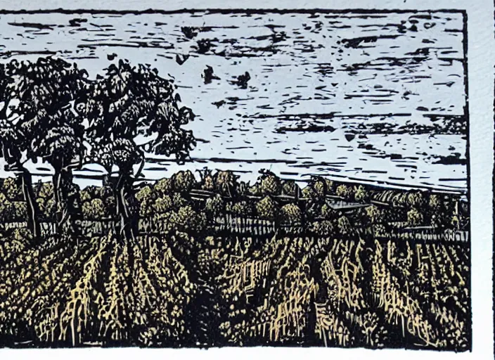 Prompt: linocut vineyard landscape by greg rutkowski, fine details, highly detailed