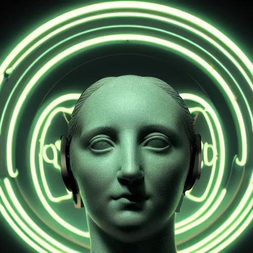 Image similar to a 3 d neon circle around the head of a renaissance statue, planetary ring, 3 d render, black background, ray tracing, 8 k resolution, sharp focus, very detailed, hyper realistic