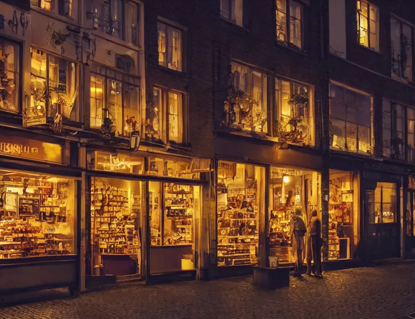 Prompt: close view of a shop in gent belgium at night, peaceful and serene, incredible perspective, soft lighting, anime scenery by makoto shinkai and studio ghibli, very detailed